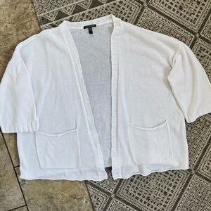 Eileen Fisher Organic Linen Knit White Oversized Cardigan XL Pockets Minimalist